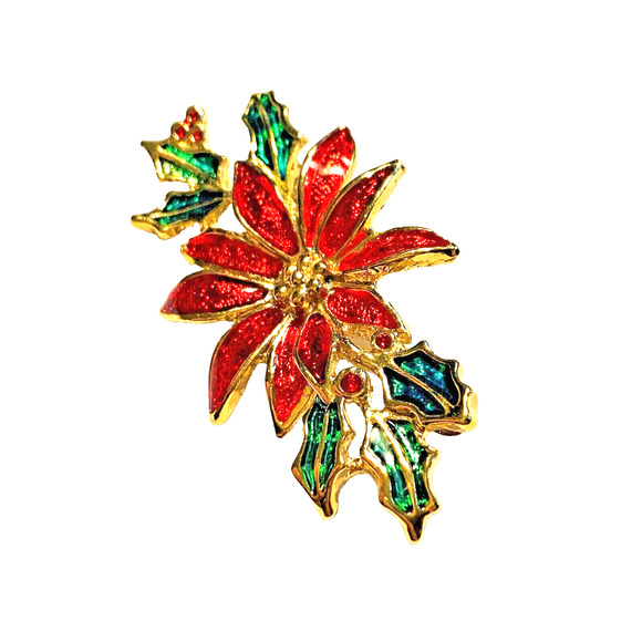 Vintage Christmas Brooch Festive Holiday Pin Red Poinsettia & Greenery Enamel - Picture 2 of 5
